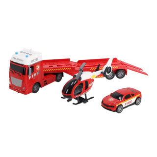 Rapid wheels autotransporter brandweer + auto en helikopter + licht en geluid