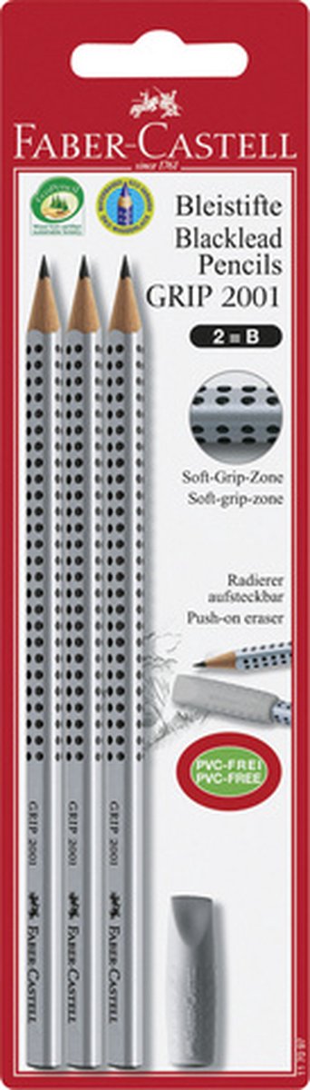 Faber-castell faber castell grafietpotlodenset - grip 2001 - hardheid b - met gumdop - 3 stuks op blisterverpakking - fc-117097
