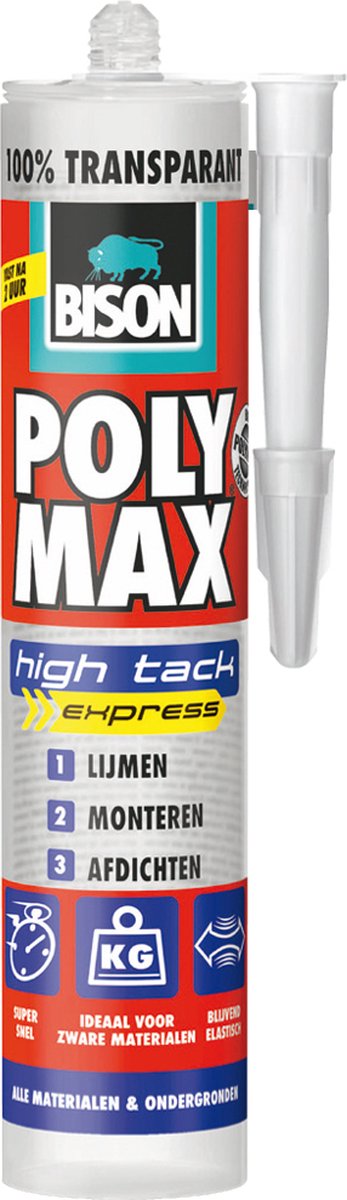 Afbeelding laden in galerijviewer, Bison poly max high tack express transparant koker 300 gram, montagelijm, lijmen, monteren en afdichten, unieke smp technologie, oplosmiddelvrij, binnen en buiten, vrijwel alle ondergronden
