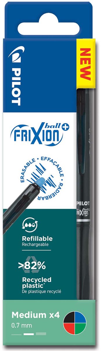 Pilot wallet - set van 4 - frixion ball plus - uitwisbare rollerbalpen- zwart, blauw, rood, groen - middelgrote punt