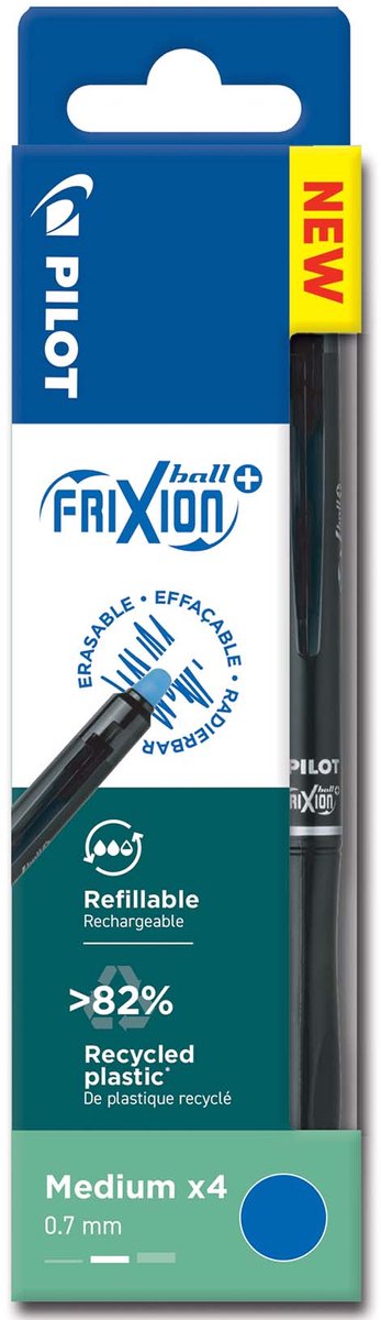 Pilot wallet - set van 4 - frixion ball plus - uitwisbare rollerbalpen- blauw - middelgrote punt