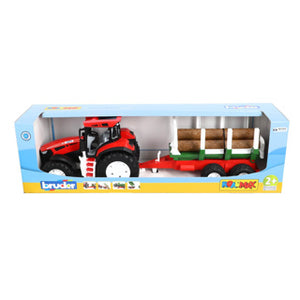 Bruder tractor roadmax met achteraanhanger en 3 boomstammen
