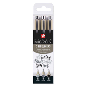 Sakura pigma micron 05 fineliner set | 3 pennen, zwart grijs