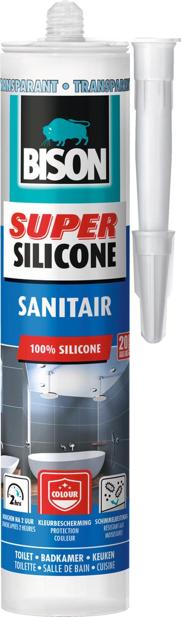 Bison super silicone sanitair transparant koker 300 ml, waterbestendige siliconenkit, langdurige kleurbescherming, ongevoelig voor schimmel, makkelijk te verwerken