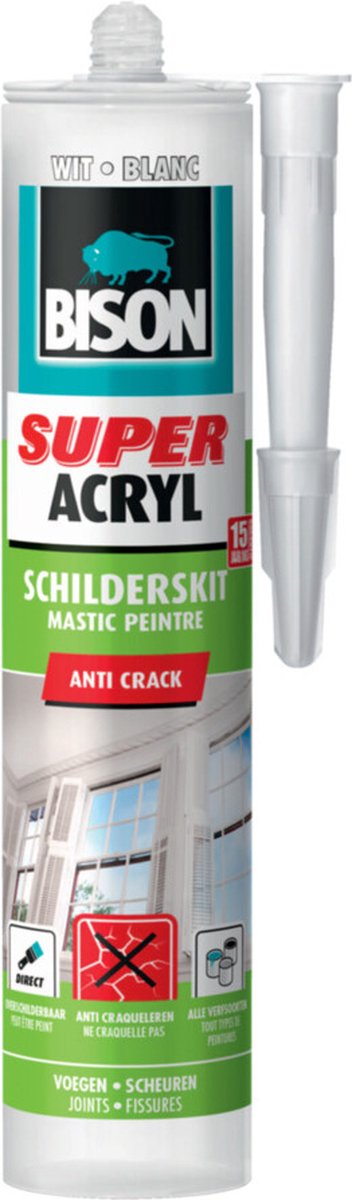 Bison super acrylaat schilderskit wit koker 300 ml, direct overschilderbaar, wit, binnen buiten, blijvend elastisch, afdichten van voegen, naden, kieren en scheuren