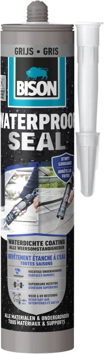 Bison waterproof seal grijs koker 290 ml, waterdichte coating, alle weeromstandigheden, waterdicht maken, dakovergangen, carports, caravans, dakgootreparatie
