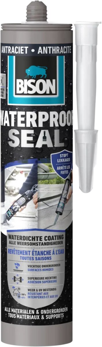 Bison waterproof seal antraciet koker 290 ml, waterdichte coating, alle weeromstandigheden, waterdicht maken, dakovergangen, carports, caravans, dakgootreparatie