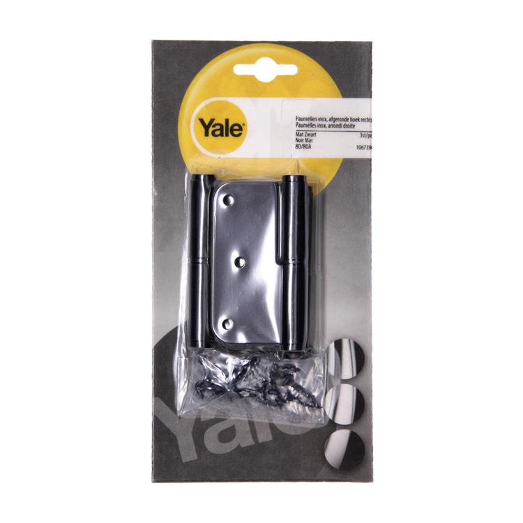 Load image into Gallery viewer, Yale 1067394 - 3 paumellen inox mat zwart afger.hoek rechts 80x80mm | 4 stuks
