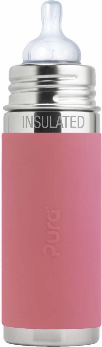 Pura thermos speenfles 260 ml - thermoskan - thermosfles - plasticvrij - met isolatiewand - voorkomt maagkrampen - inclusief siliconen speen, reisdop en sleeve - roze