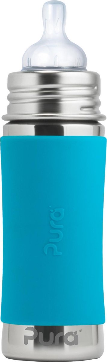 Pura speenfles 325 ml - plasticvrij - drinkfles - voorkomt maagkrampen - vaatwasserbestendig - inclusief siliconen speen, reisdop en sleeve - top is verwisselbaar - veelzijdig - aqua
