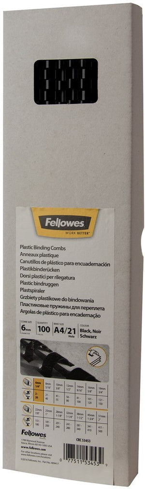Fellowes bindruggen plastic - 6mm - 21 ringen - tot 20 vel - a4 - zwart - 100 stuks