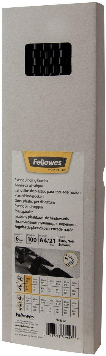 Fellowes bindruggen plastic - 6mm - 21 ringen - tot 20 vel - a4 - zwart - 100 stuks