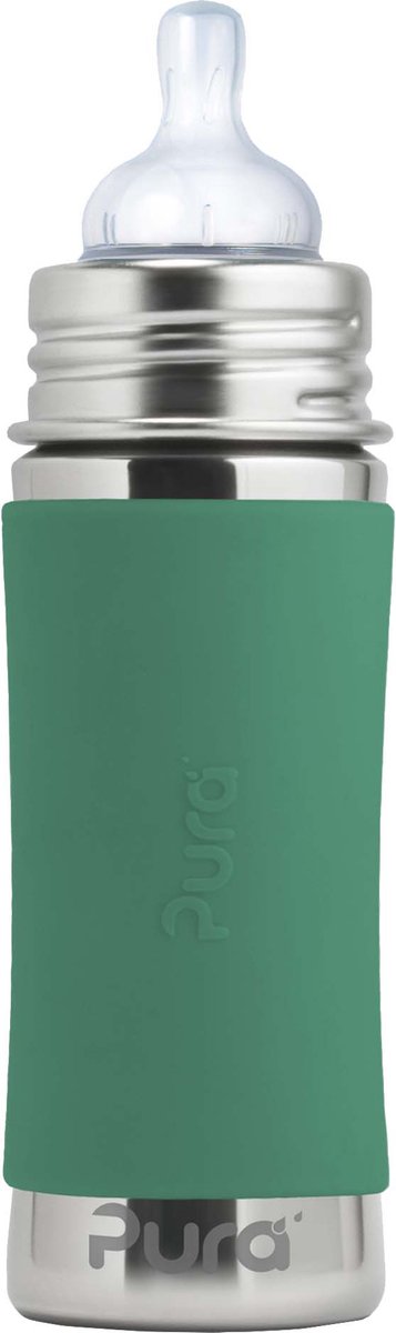Pura speenfles 325 ml - plasticvrij - drinkfles - voorkomt maagkrampen - vaatwasserbestendig - inclusief siliconen speen, reisdop en sleeve - top is verwisselbaar - veelzijdig - mint