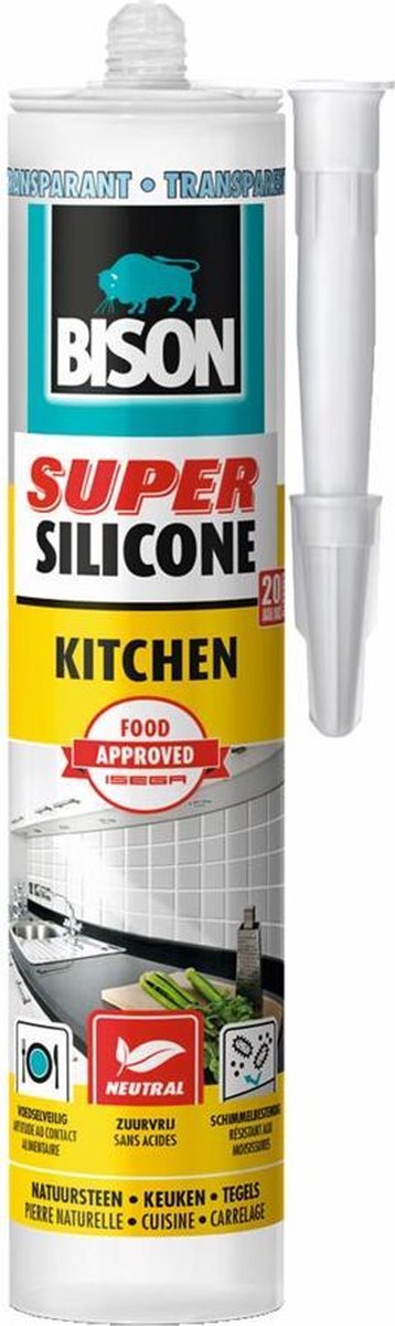 Bison super silicone kitchen transparant koker 300 ml, siliconenkit, keuken, voegen, hygiënisch, slijtvast en temperatuurbestendig van -50°c tot +120°c