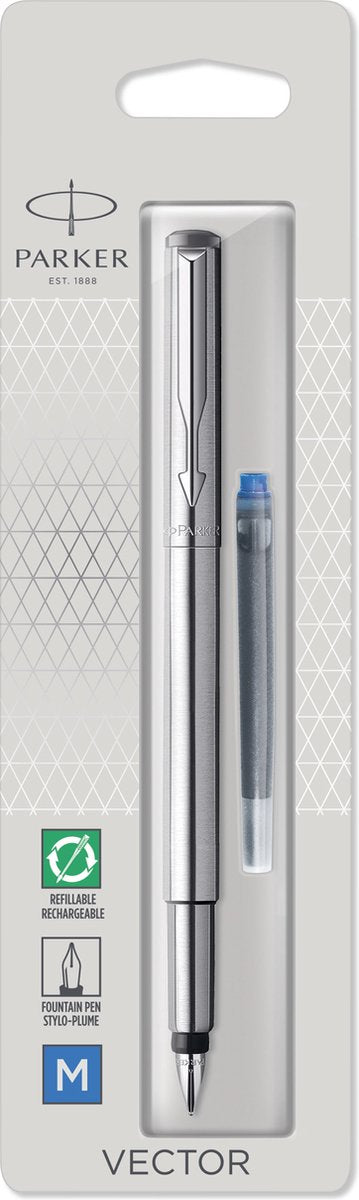 Parker vector-vulpen | roestvrij staal met chrome afwerking | mediumpunt | blauwe inkt | hangtab