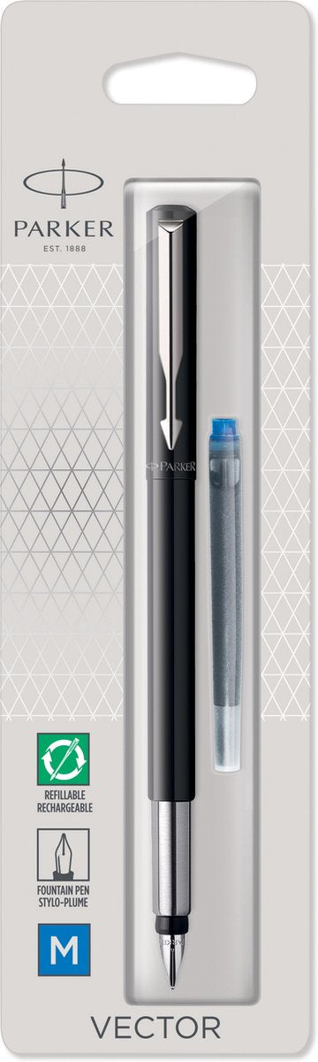 Parker vector-vulpen | zwart met chrome afwerking | mediumpunt | blauwe inkt | hangtab