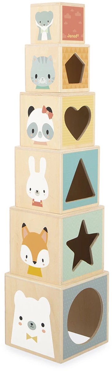 Janod - pure - houten stapeltoren met 6 kubussen - cijfer- en dierenmotieven