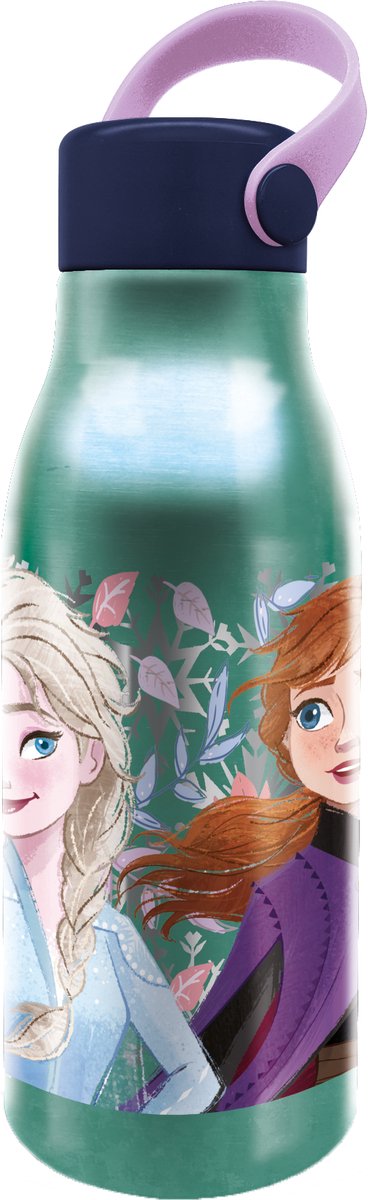 Stor disney's frozen ii aluminium drinkfles – 760 ml – met rubberen draaglus – sluit goed af – drinkfles voor kinderen – muntgroen donkerblauw
