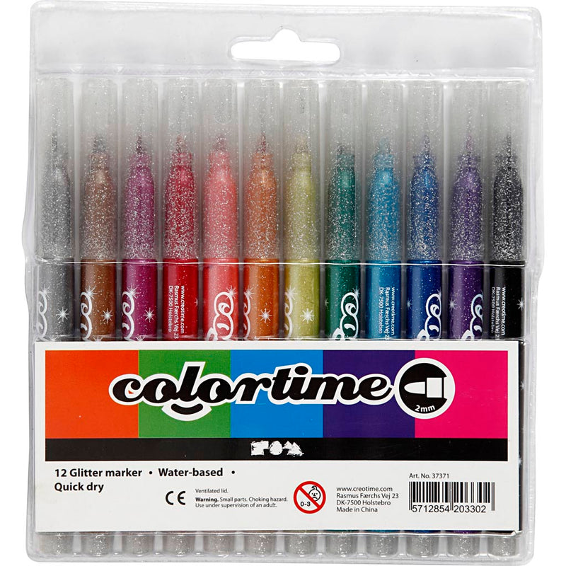 Load image into Gallery viewer, Colortime https: www.cchobby.nl -glitterstiften-lijndikte-2-mm-diverse-kleuren-12-stuk-1-doos
