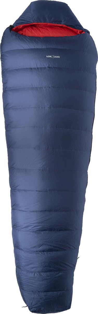 Lowland outdoor - kibo zero - donzen mummy slaapzak 0°c - 995 gr - 225x80 cm - navy blauw rood