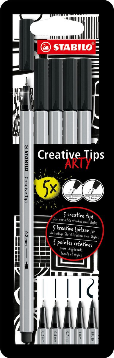 Stabilo creative tips - pennenset met diverse puntdiktes – arty – etui met 5 stuks – zwart