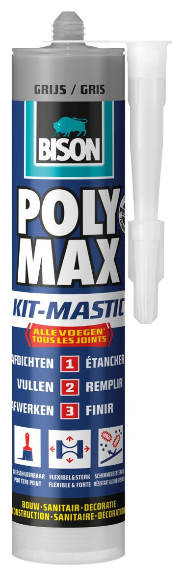 Bison poly max kit grijs koker 280 ml, alles in 1 kit, waterdichte afdichting, universeel, binnen en buiten. vullend, temperatuurbestendig van - 40°c tot + 100°c