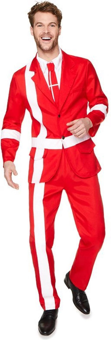 Partychimp karnival costumes deens verkleedkostuum denemarken carnavalskleding heren carnaval - polyester - rood wit - maat l - 4-delig jasje ingenaaid shirt tie broek