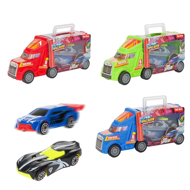 Load image into Gallery viewer, Toi-toys turbo racers vrachtwagen met raceauto's, 3dlg.
