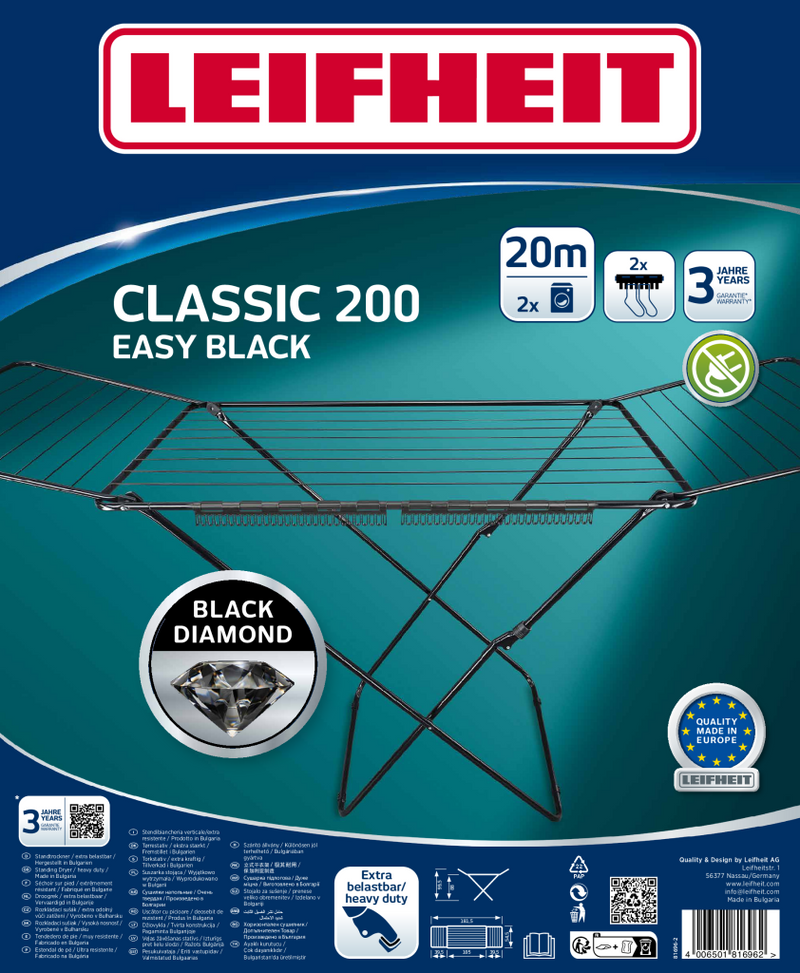 Load image into Gallery viewer, Leifheit classic droogrek - 200 easy - 20 mtr drooglengte - zwart
