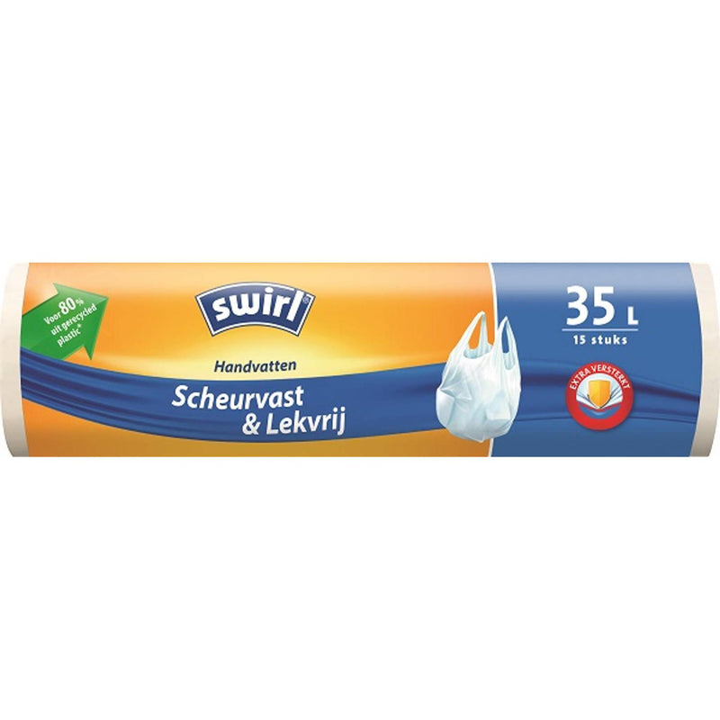 Load image into Gallery viewer, Melitta swirl pedaalemmerzak met handvatten 35 liter rol a 15 stuks voor 80% uit gerecycled plastic
