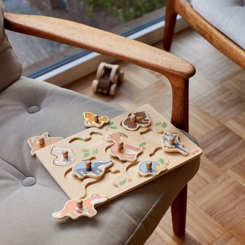 Load image into Gallery viewer, Goki houten noppenpuzzel bosdieren, 9st.
