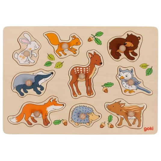Goki houten noppenpuzzel bosdieren, 9st.