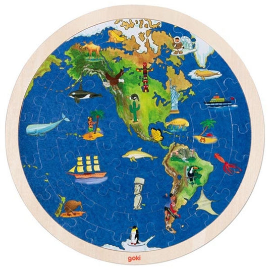Goki puzzel rond wereld. 2 zijdig. 57 delig.