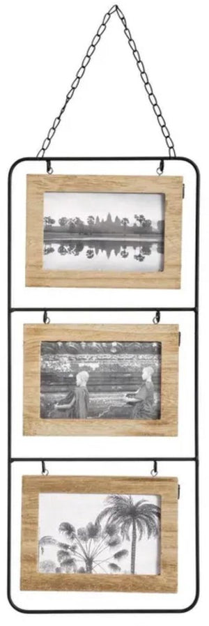 Atmosphera collage fotolijst nomad - 3x foto - voor 10 x 15 cm foto - hout en metaal - beige zwart - 22 x 52 cm - lijstje - muur