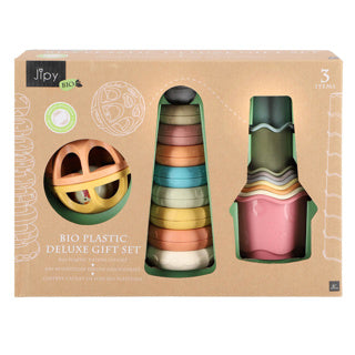 Jipy bioplastic deluxe giftset stapeltoren bad stapelbekertjes en speel ratelbal 3 delig
