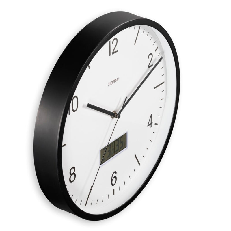 Load image into Gallery viewer, Hama dcf wandklok lanzarote tikt niet + thermometer en hygrometer 35 cm zwart wit
