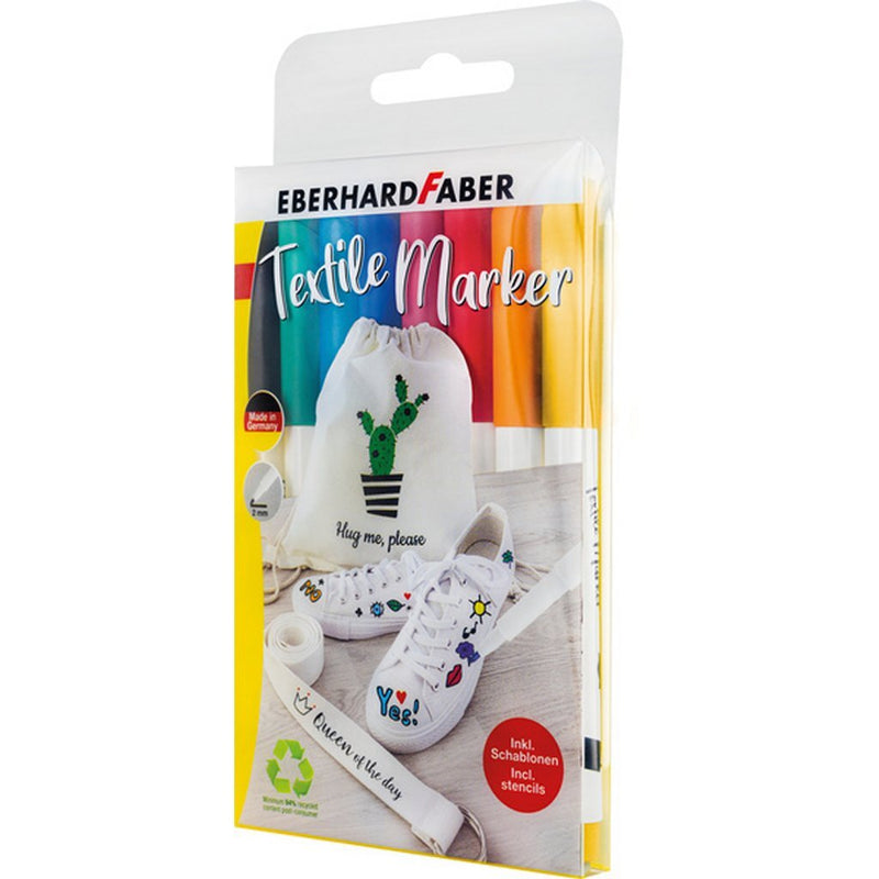 Load image into Gallery viewer, Eberhard faber textielmarker 8 stuks in etui + 4 stencils met sjablonen
