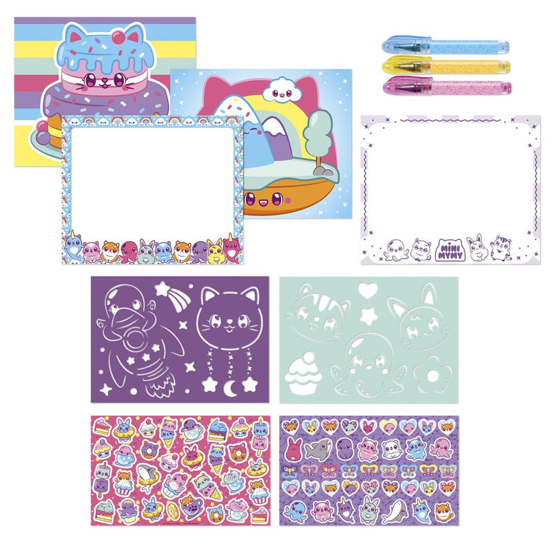 Afbeelding laden in galerijviewer, Mini mymy totum kawaii dieren designer activiteiten, teken- schrijf en stickerboek incl. 3 gelpennen en sjablonen, 25-delige set, creatief speelgoed jongens en meisjes vanaf 3 jaar
