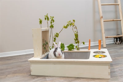 Load image into Gallery viewer, Trixie voederstation met voerbak waterbak hooiruif hout naturel
