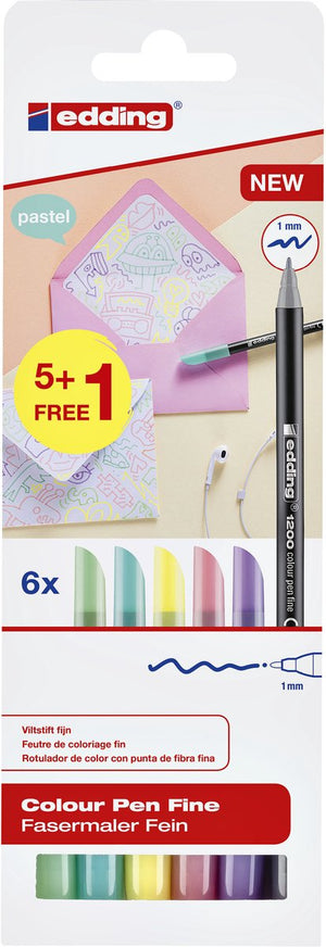 Edding 1200 - fijne viltstiften in pastelkleuren - set van 6 kleuren - back to school