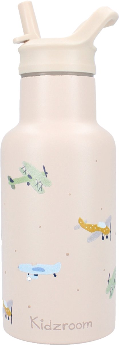 Load image into Gallery viewer, Kidzroom small talk - schoolbeker en drinkfles - 350ml - stainless steel - vliegtuigen - beige
