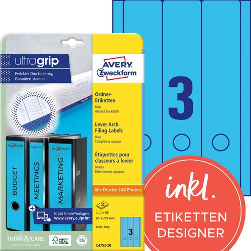 Ordnerrugetiketten avery l4753-20 a4 blauw