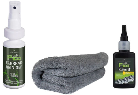 Care set DR.WACK consists of F100 chain oil, F100 bicycle cleaner and a microfibre cloth