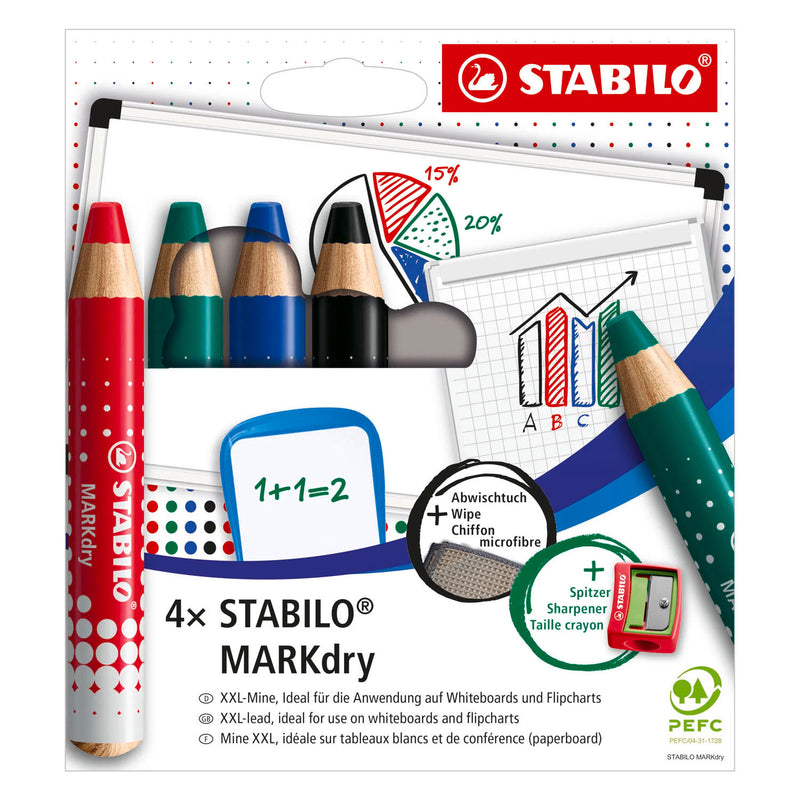 Load image into Gallery viewer, Stabilo markdry set van 4 whiteboard potloden, puntenslijper en reinigingsdoekje
