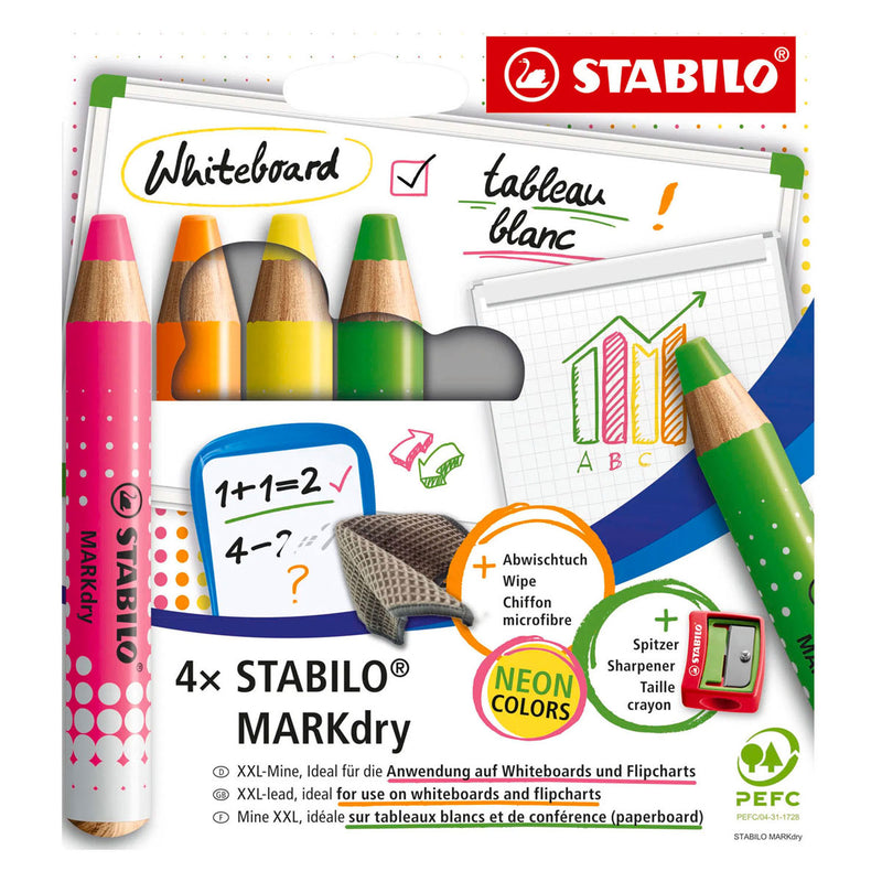 Load image into Gallery viewer, Stabilo markdry neon set van 4 whiteboard potloden, puntenslijper en reinigingsdoekje
