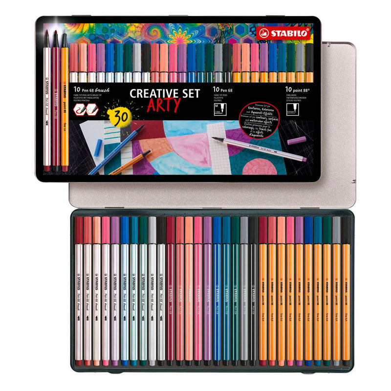 Load image into Gallery viewer, Stabilo arty creative set pen 68 stiften en point 88 fineliners in metalen etui - 30dlg.
