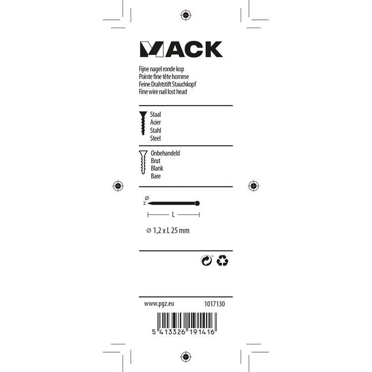 Load image into Gallery viewer, Mack 1017130 - fijne nagel ronde kop 85 gr 1,2 x 25 mm | 5 stuks
