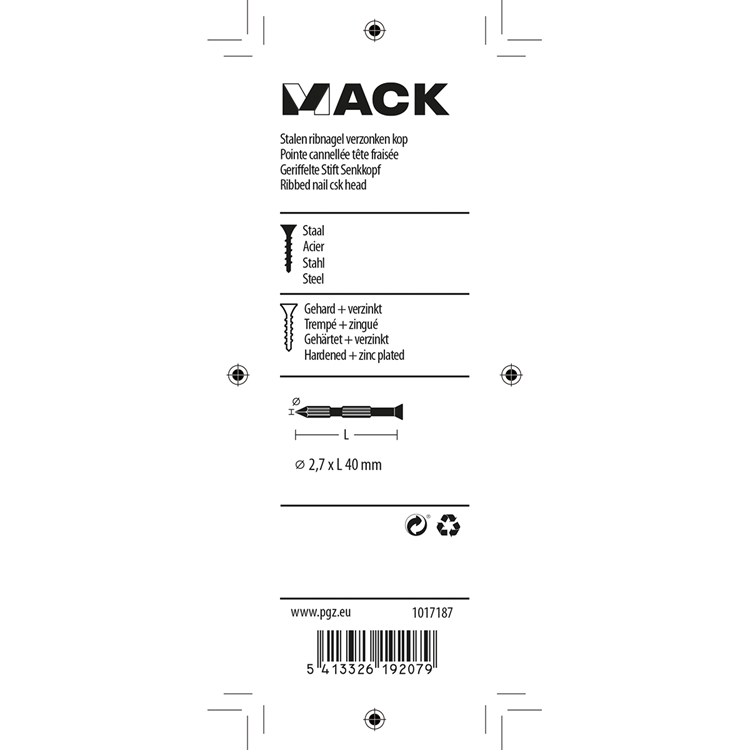 Load image into Gallery viewer, Mack 1017187 - stalen ribnagel vk st.gehard + verz.18 st 2,7 x 40 mm | 10 stuks

