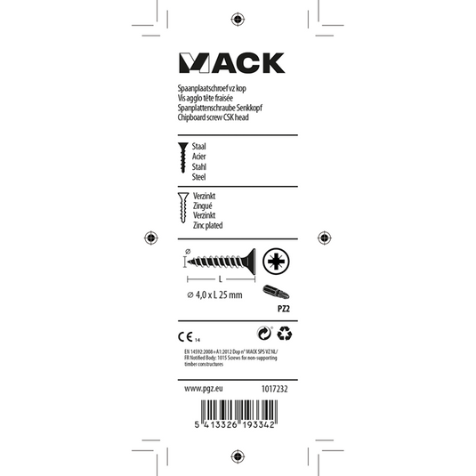 Mack 1017232 - spaanplaatschroef vz kop geelverz.25 st 4,0 x 25 mm | 10 stuks