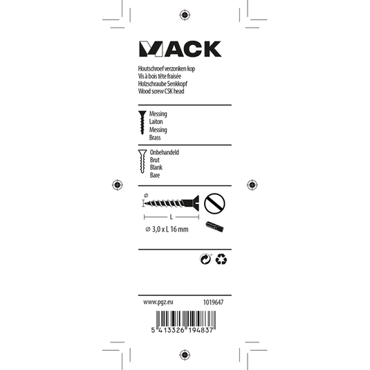 Mack 1019647 - houtschroef verzonken kop messing 14st 3,0 x 16 mm | 10 stuks